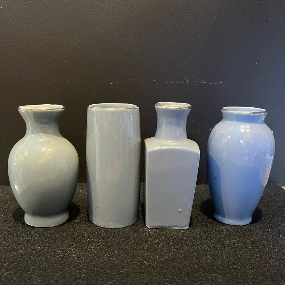Vintage Mini Vases Gray Made in Japan Set of 4 Floral, Pagoda, Pheasants Design